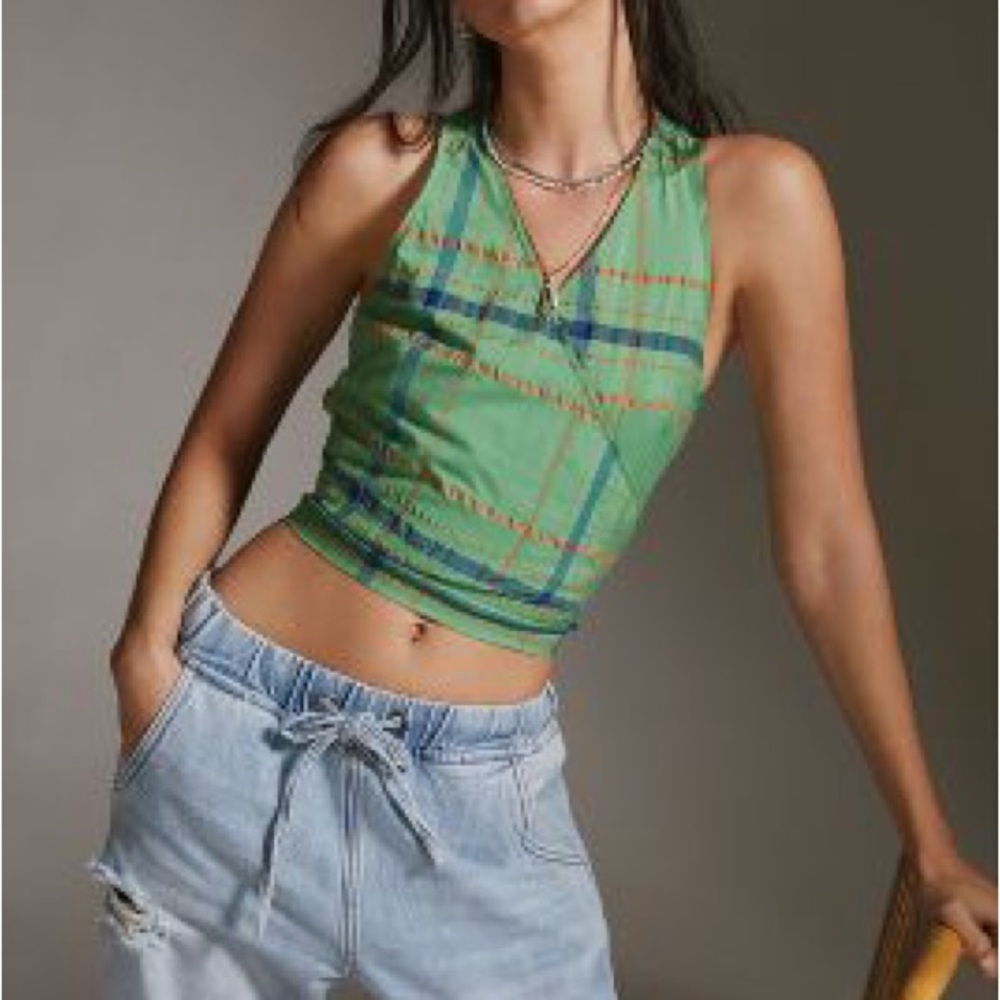 NWOT Anthropologie Green Plaid Halter Top - Size Medium